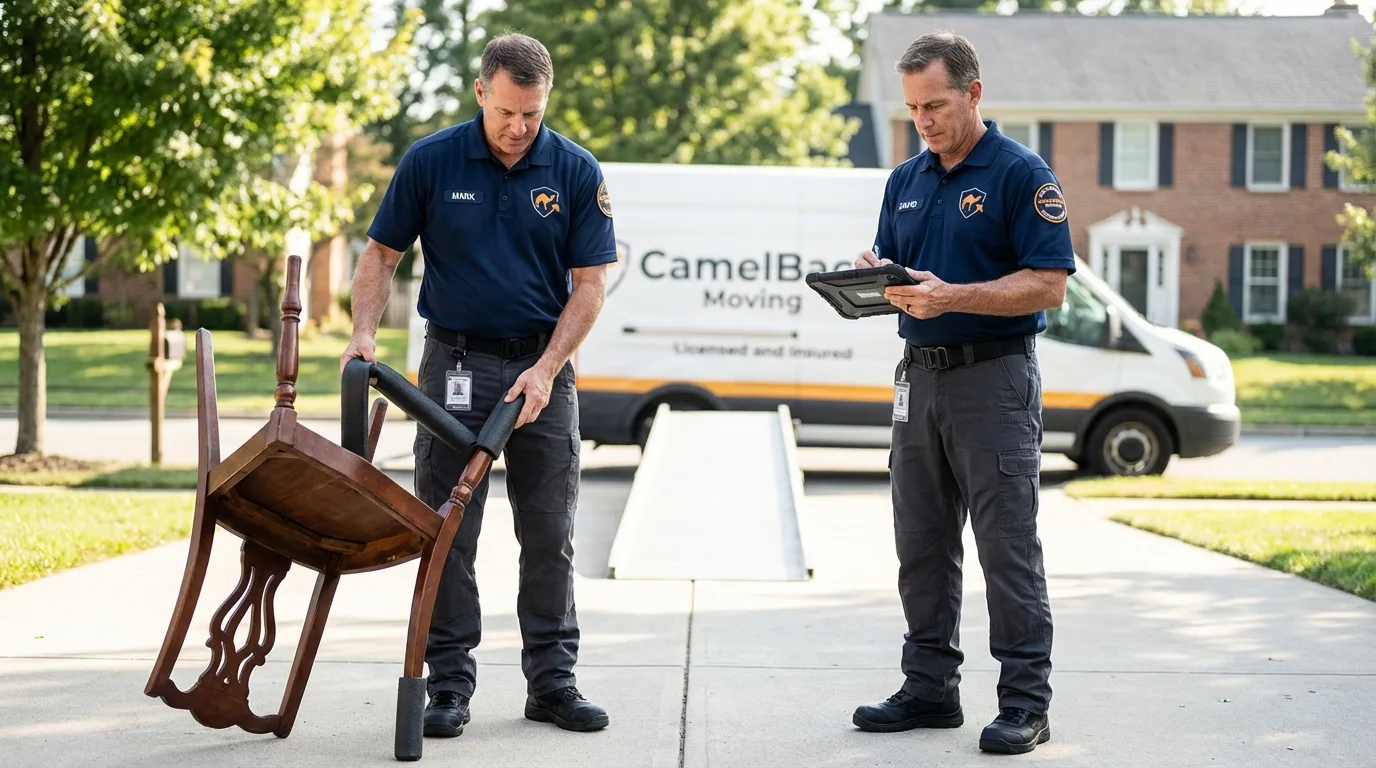 Movers inspecting furniture for damage prevention before loading in Puyallup, WA