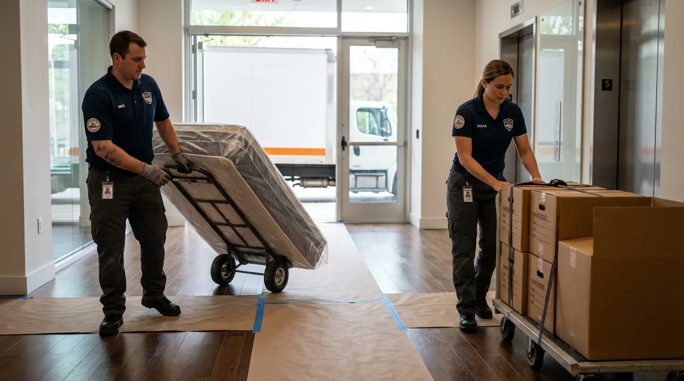 Professional apartment movers loading elevator in Puyallup, WA