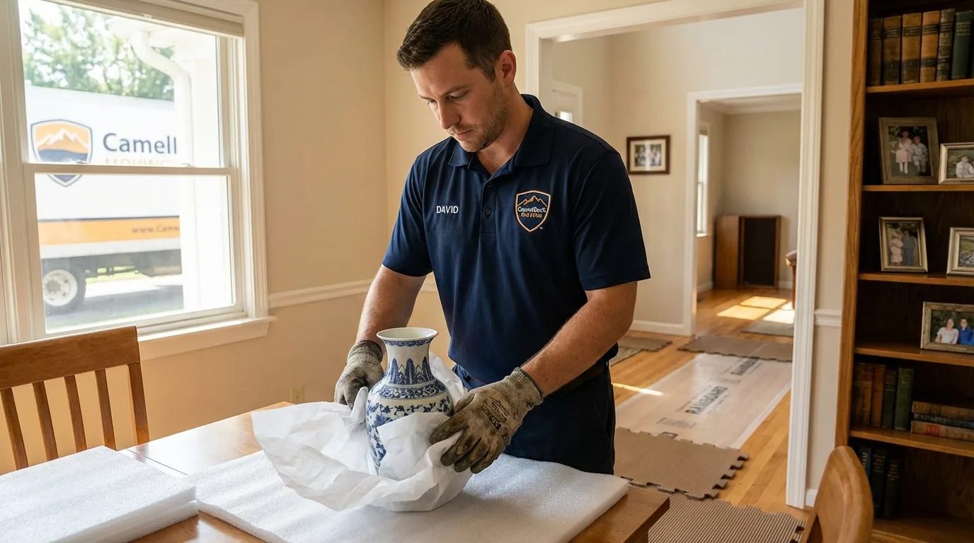 Professional crew carefully wrapping antique vase for senior downsizing move in Puyallup, WA